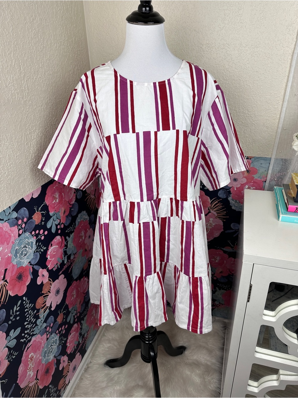 Anthropologie Norblack Norwhite Anwen Striped Ruffle Tiered Tunic Dress Size XL